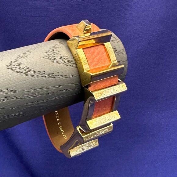Vince Camuto “Marcel” Salmon Leather Bracelet Gold-Tone Squares Magnet Clasp. - Picture 2 of 14